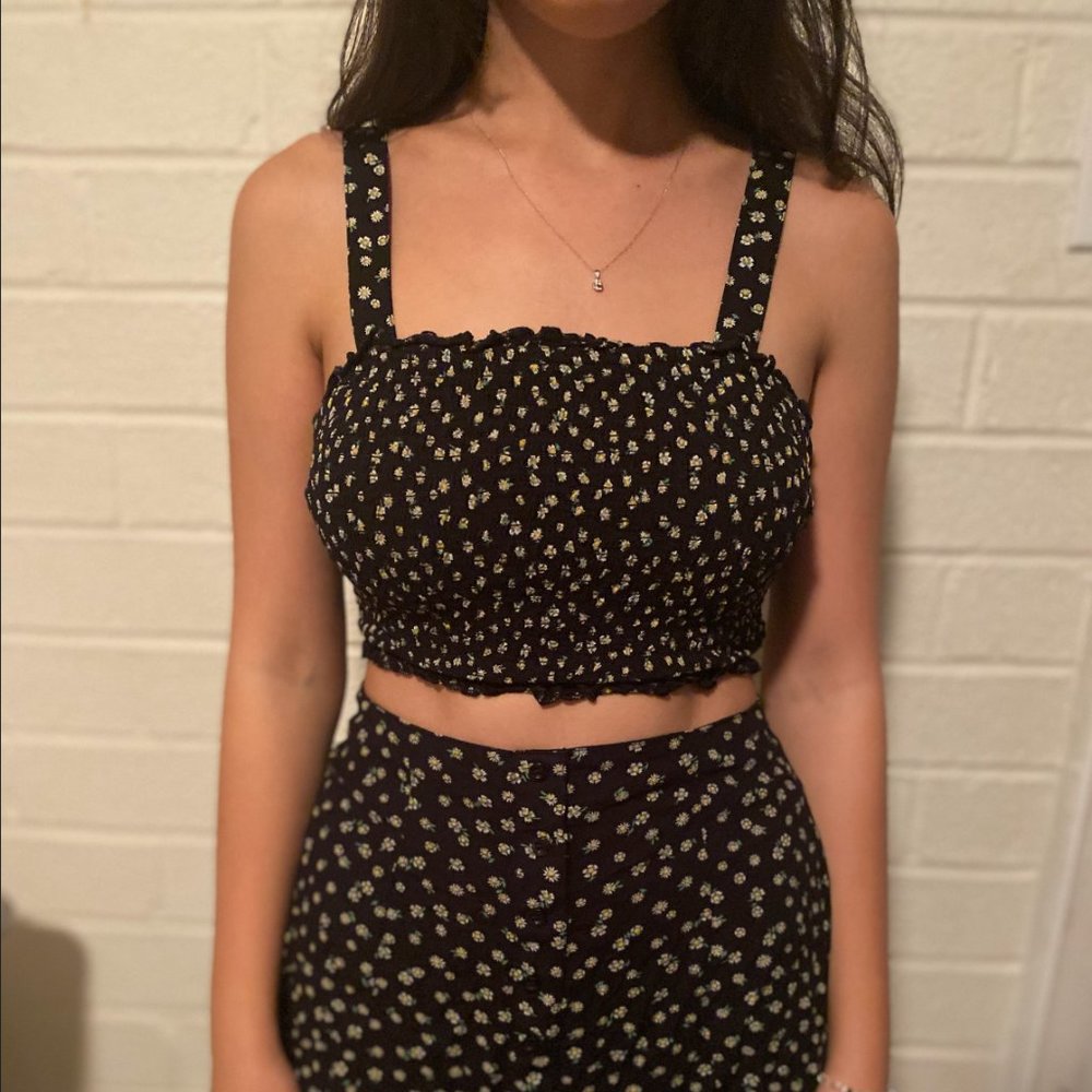 Black Floral Two Piece Matching Set - Crop Ribbed Top & Buttoned Mini Skirt